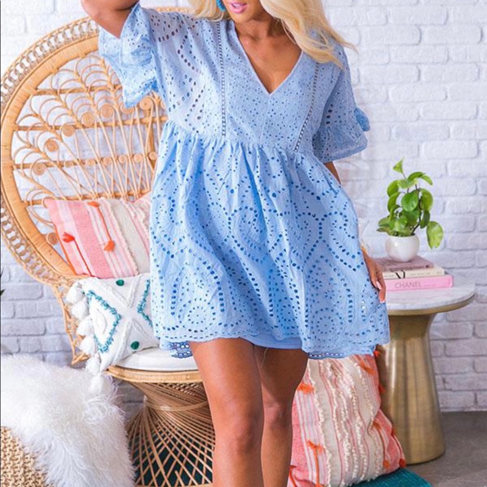 Baby Blue Eyelet Babydoll Dress Sz L EUC
